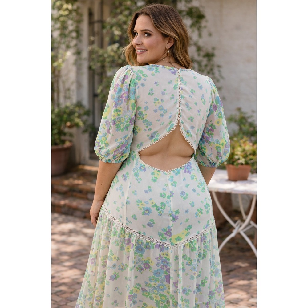 ASOS Lace Insert Midi Dress Sexy Back Cutout Romantic Floral Weddings - Sz 18 - Picture 6 of 6
